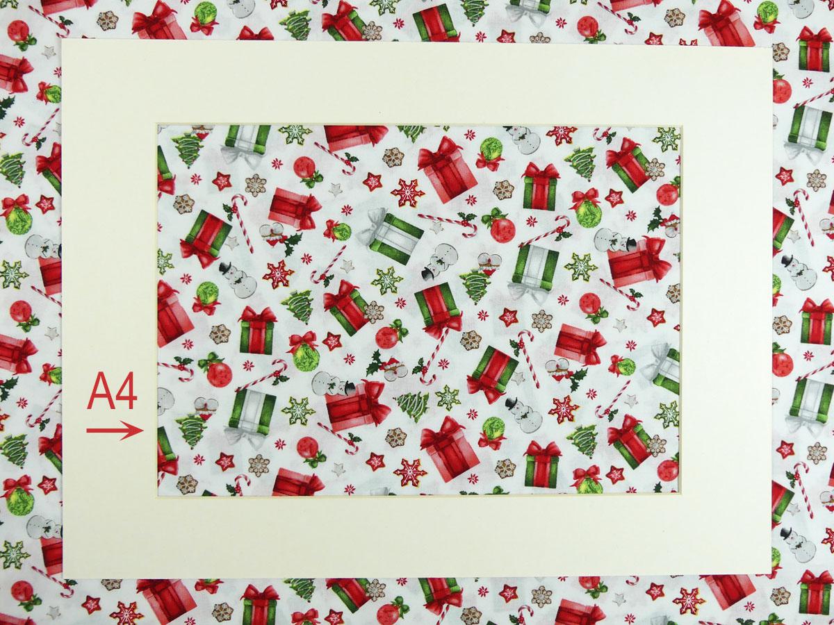 Patchworkstoff Studio E Geschenke Schnemmänner Sterne A4 Ausschnitt